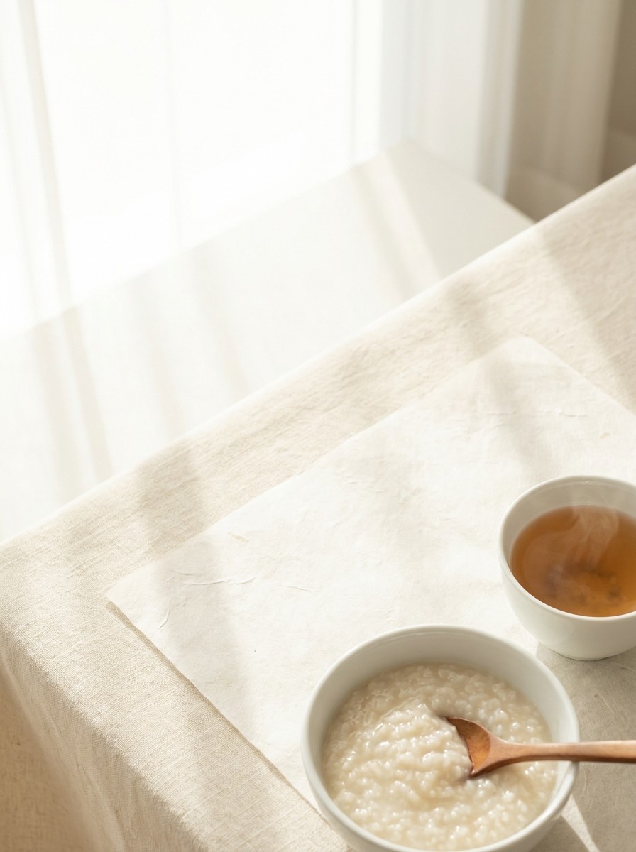 A white porcelain bowl of rice porridge with a wooden spoon and a cup of barley tea pushed to the lower-right of hanji paper on cream linen, the upper-left left empty.