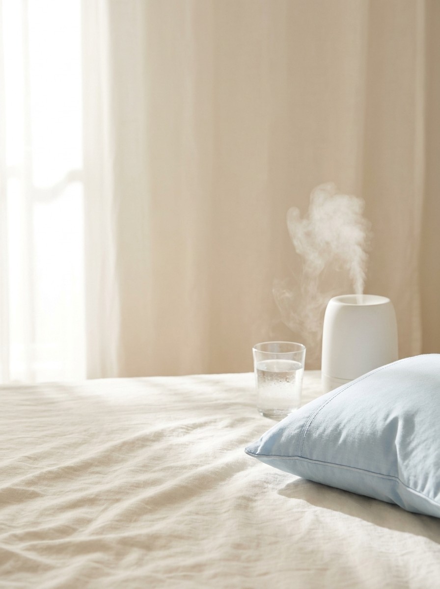 The corner of a sky-blue child's pillow, a small white humidifier and a glass of water on cream linen bedding, with open space at upper left.