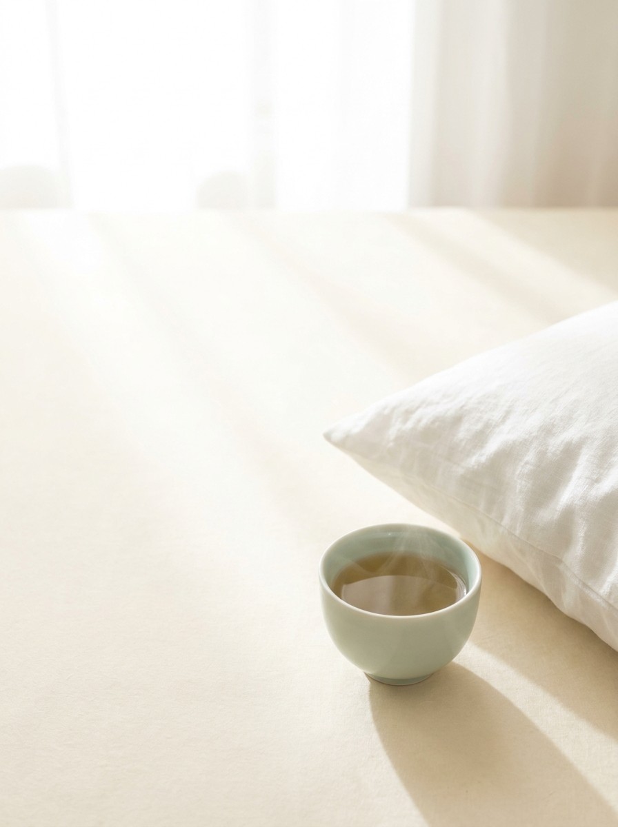A small celadon cup and the corner of a white linen pillow pushed to the lower-right of cream rice paper, the upper-left left empty.