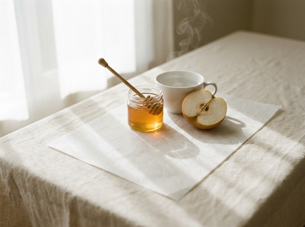 A small unlabeled jar of honey with a wooden dipper, a steaming white cup of warm water and a halved Asian pear grouped on hanji paper over cream linen in soft window light.