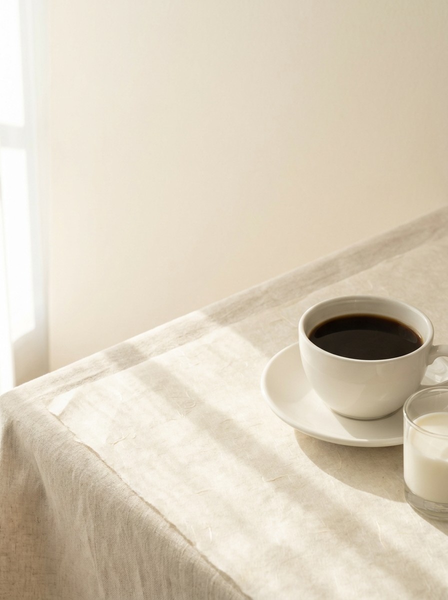 A white porcelain cup of black coffee on a saucer and a small glass of milk pushed to the lower-right of cream hanji paper, the upper-left left empty.
