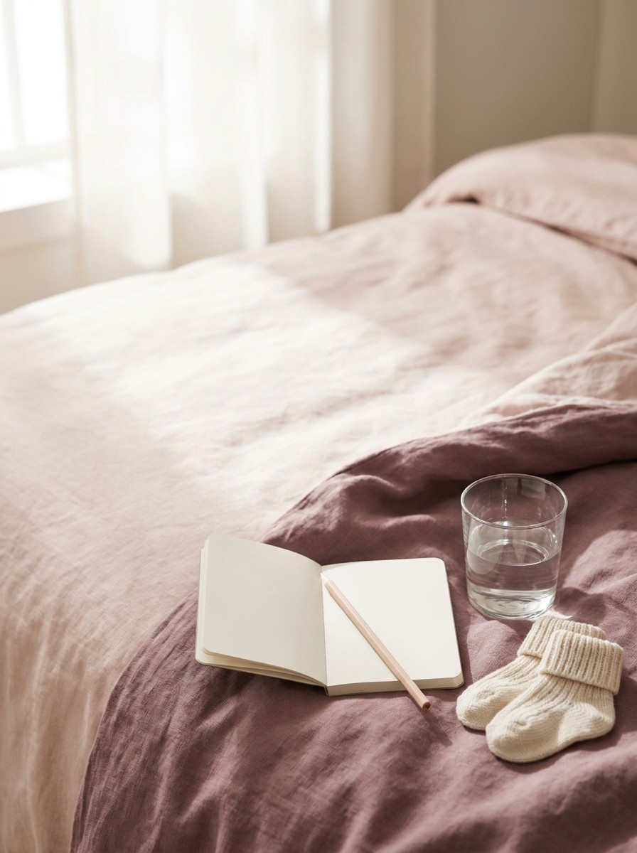 An open blank notebook with a pencil, a clear glass of water and tiny knitted baby socks on blush and plum linen, with open space at upper left.