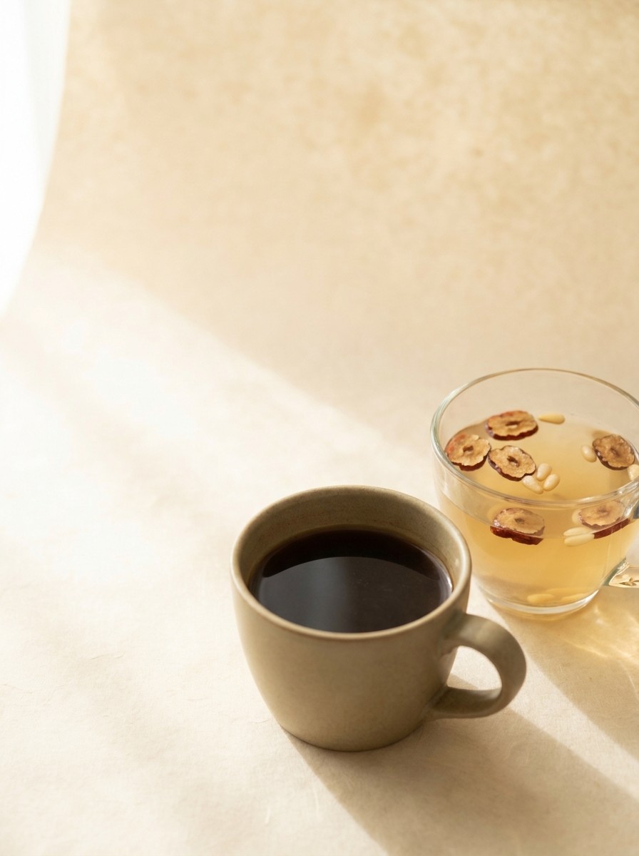 A stoneware cup of black coffee pushed aside and a warm cup of jujube tea at the lower-right of cream rice paper, the upper-left left empty in soft light.
