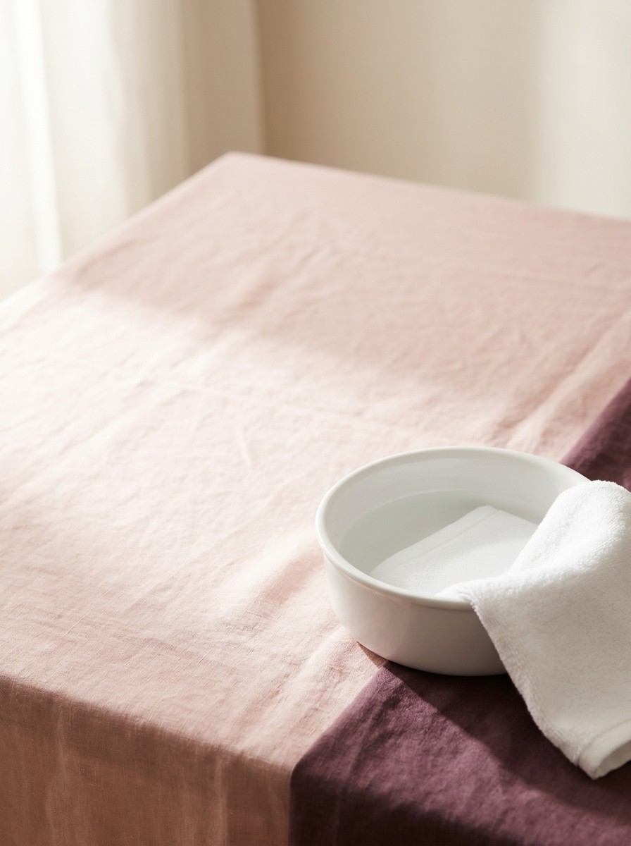 A small white basin of lukewarm water with a white cotton towel draped on its rim on blush and plum linen, with open space at upper left.