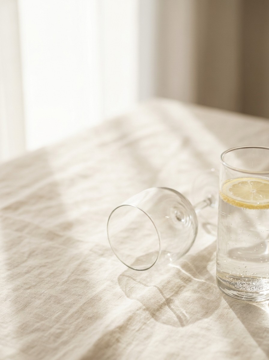 A glass of sparkling water with a lemon slice and an upside-down wine glass pushed to the lower-right of cream linen, the upper-left left empty in soft window light.
