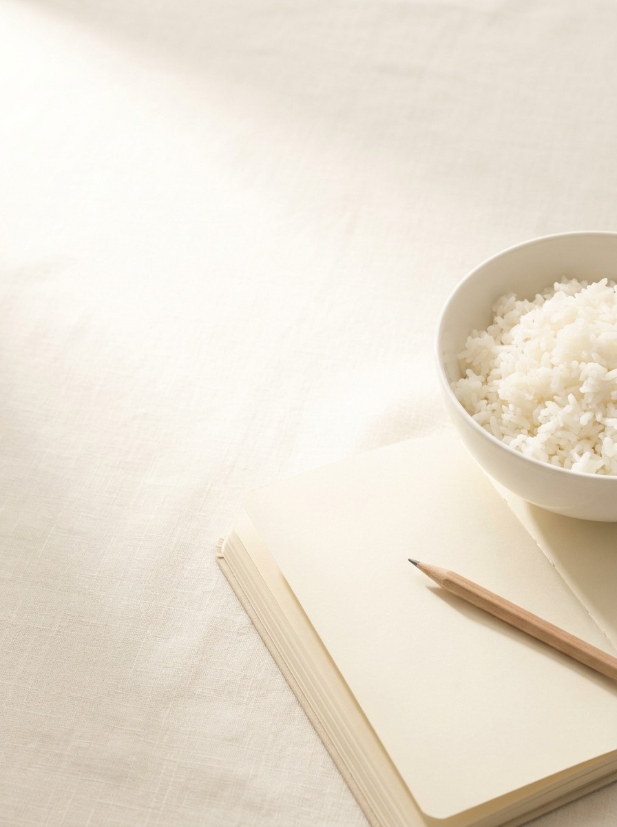 An open blank notebook with a pencil and a bowl of white rice at the lower-right of cream linen, with bright empty space at the upper-left.