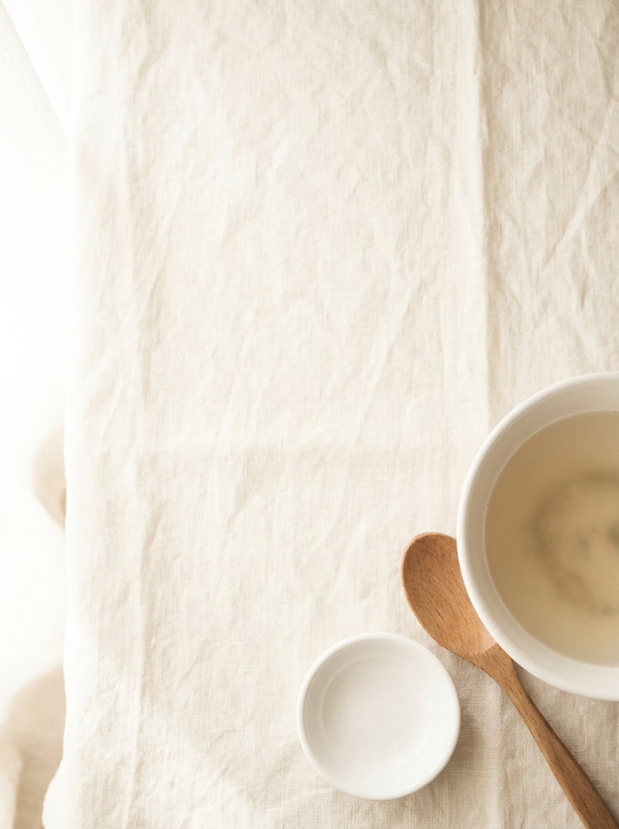 A white bowl of clear soup, a wooden spoon and a small empty dish pushed to the lower-right of cream linen, the upper-left left empty.