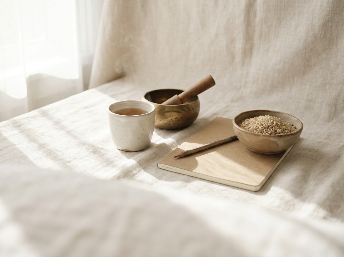 A small brass singing bowl with its wooden striker, a ceramic cup of warm barley tea, a closed notebook with a pencil and a bowl of brown rice clustered on cream linen in soft window light.