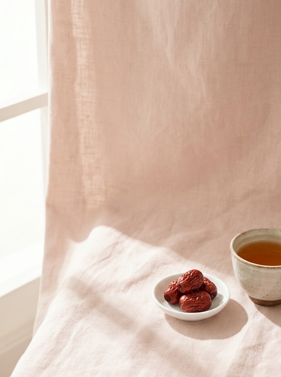 Three dried red jujubes in a small white porcelain dish and a cup of warm amber tea on blush linen, with open space at upper left.