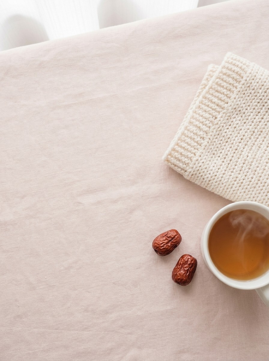 A small folded cream knitted baby blanket and a white cup of warm tea with dried jujubes on pale blush-pink linen, with open space at upper left.