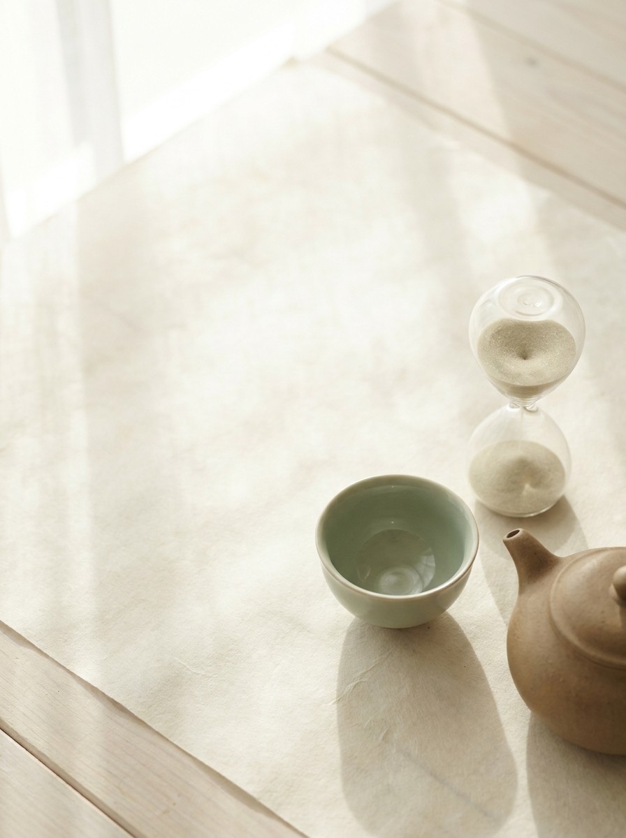 A small clay teapot, an empty celadon teacup and a glass sand timer at the lower-right of cream hanji paper, with bright empty space at the upper-left.