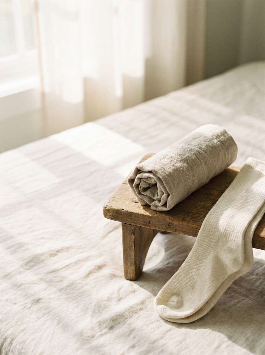 A low wooden footstool with a rolled linen towel and a pair of folded cotton socks pushed to the lower-right of cream linen, the upper-left left empty in soft window light.
