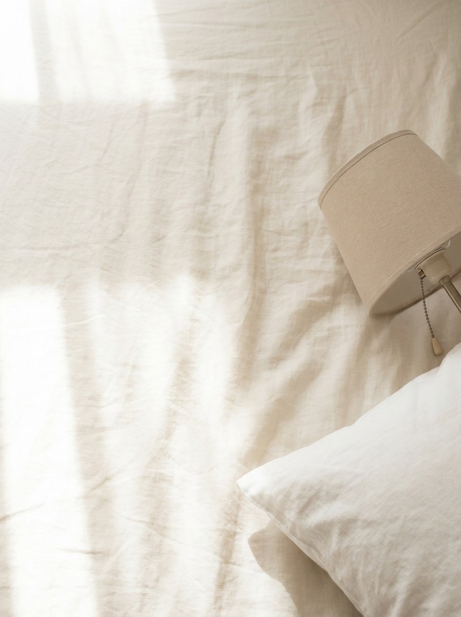 The corner of a white linen pillow and a switched-off bedside lamp at the lower-right of cream linen, with bright empty space at the upper-left.