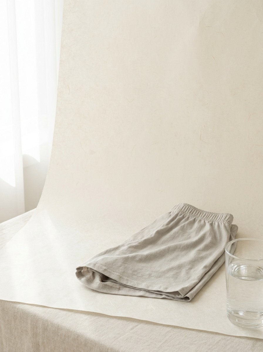 A folded pair of loose light-gray cotton shorts and a glass of water at the lower-right of cream hanji paper, with bright empty space at the upper-left.