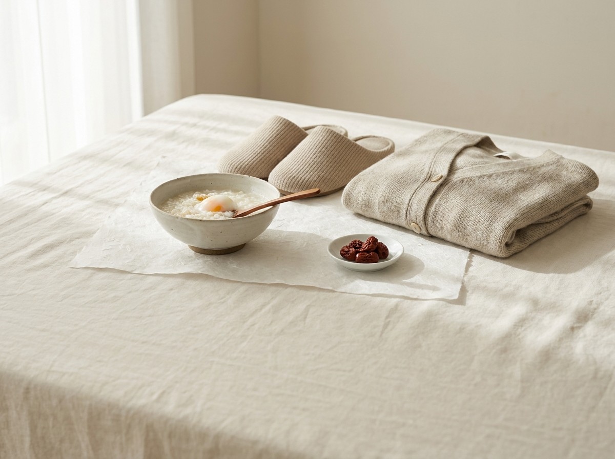 A bowl of rice porridge with a soft-boiled egg, beige knit slippers, a folded knit cardigan and dried jujubes on a white dish grouped on cream linen and hanji in soft window light.