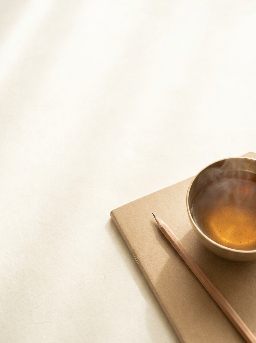 A closed kraft notebook with a wooden pencil and a brass bowl of warm barley tea pushed to the lower-right of cream hanji, the upper-left left empty.