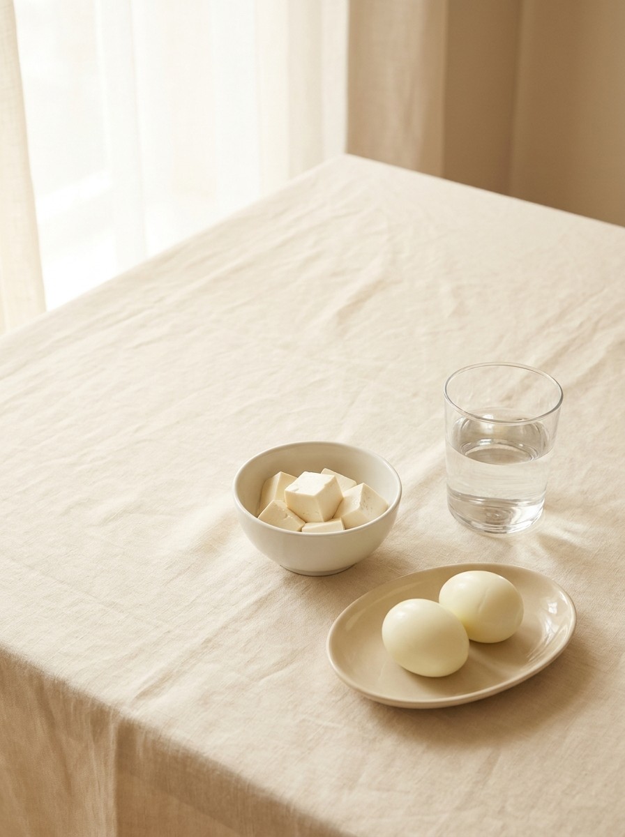 A small white bowl of tofu cubes, two peeled boiled eggs on a plate and a glass of water at the lower-right of cream linen, with bright empty space at the upper-left.