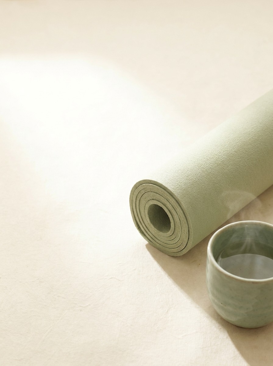 A rolled pale sage exercise mat and a celadon cup of warm water pushed to the lower-right of cream hanji, the upper-left left empty.