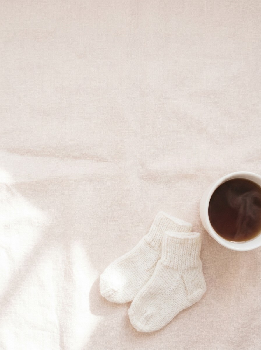 A pair of tiny white knitted baby socks and a white cup of warm barley tea on light cream linen, with open space at upper left.