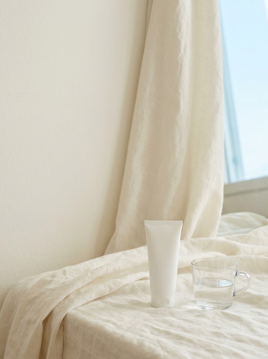 A plain white tube and a clear glass cup of water on a cream bedsheet by a window, with open space at upper left.