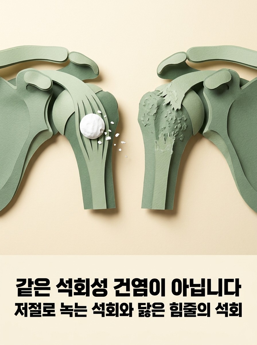 같은 석회성 건염이 아닙니다 — 저절로 녹는 석회와 닳은 힘줄의 석회