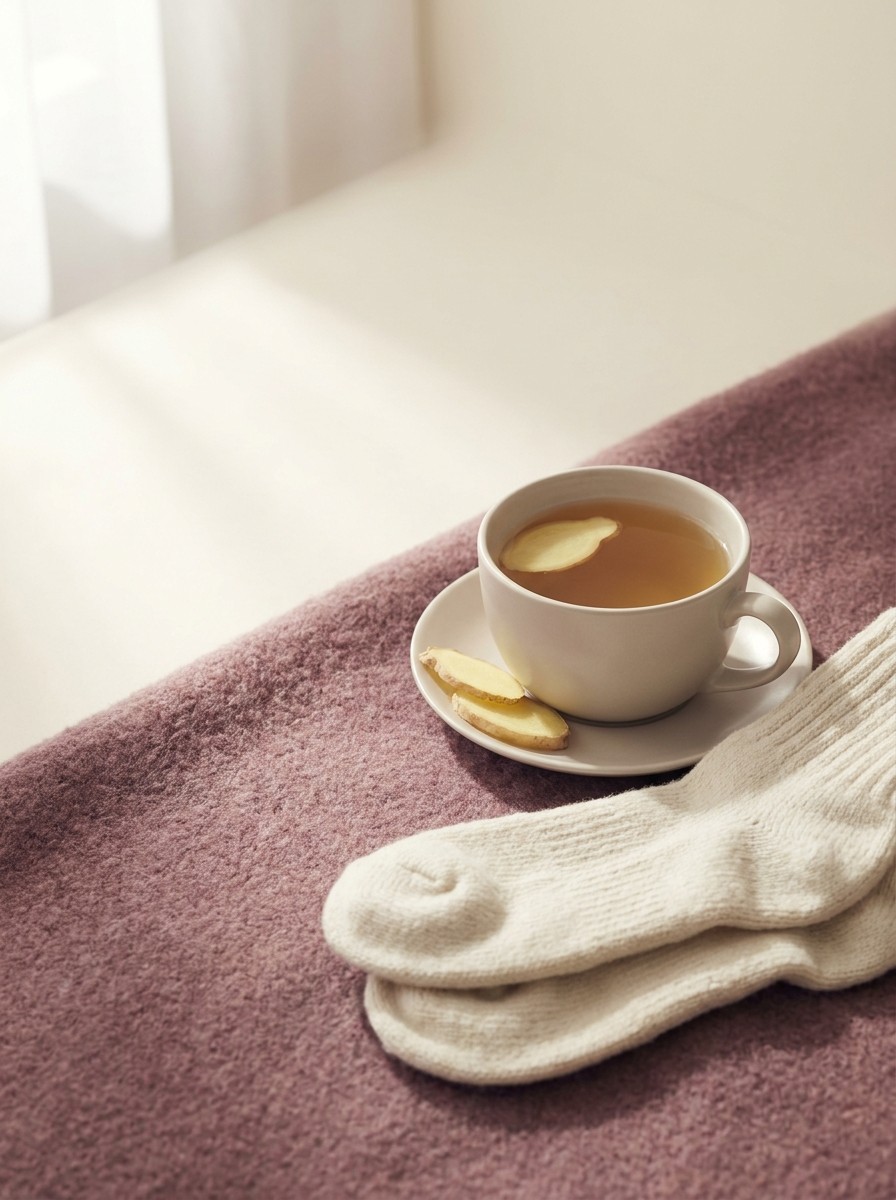 A cup of ginger tea with ginger slices on a saucer and a pair of thick cream wool socks on a plum-blush wool blanket, with open space at upper left.