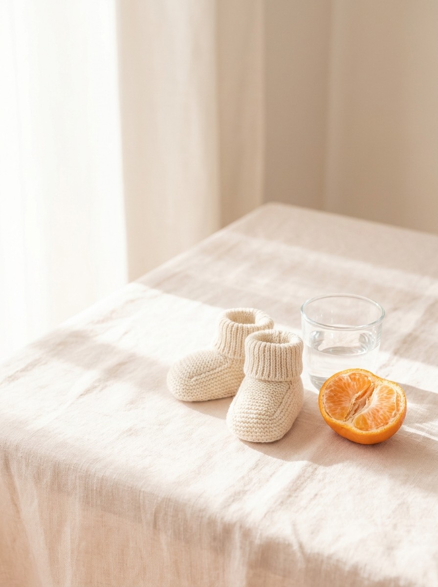 A pair of tiny knitted baby booties, a halved mandarin and a small glass of water on cream linen, with open space at upper left.