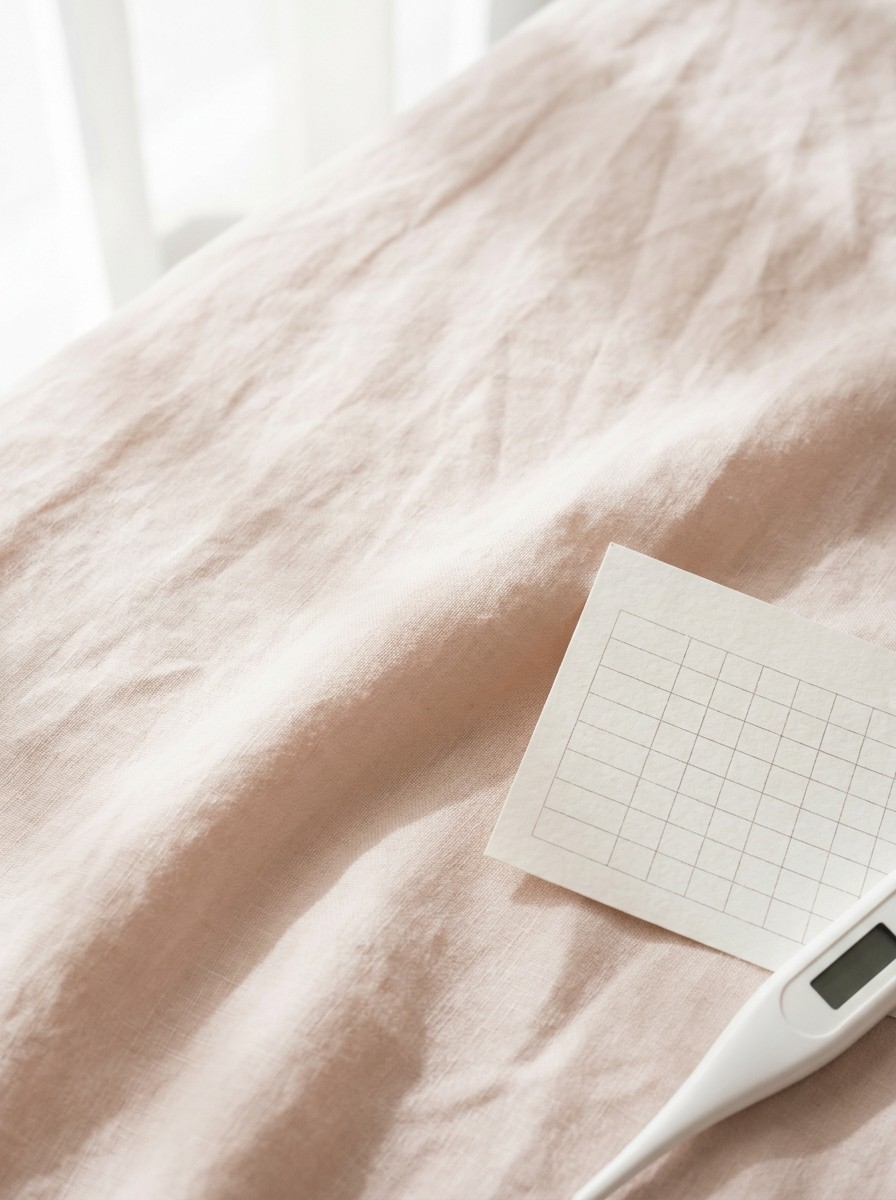A small blank grid calendar card and a white digital thermometer on pale blush linen, with open space at upper left.