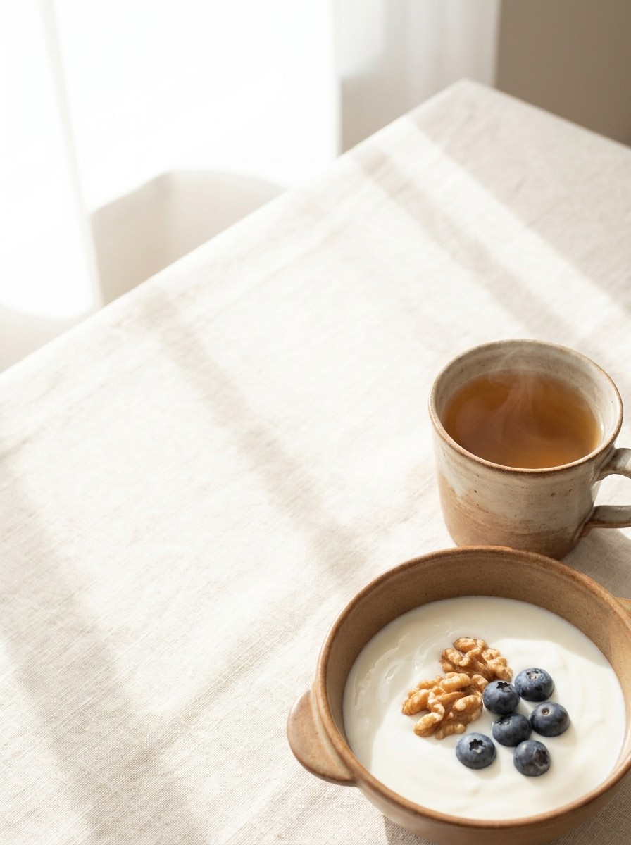 A bowl of plain yogurt with walnuts and blueberries and a cup of barley tea at the lower-right of cream linen, the upper-left left empty.