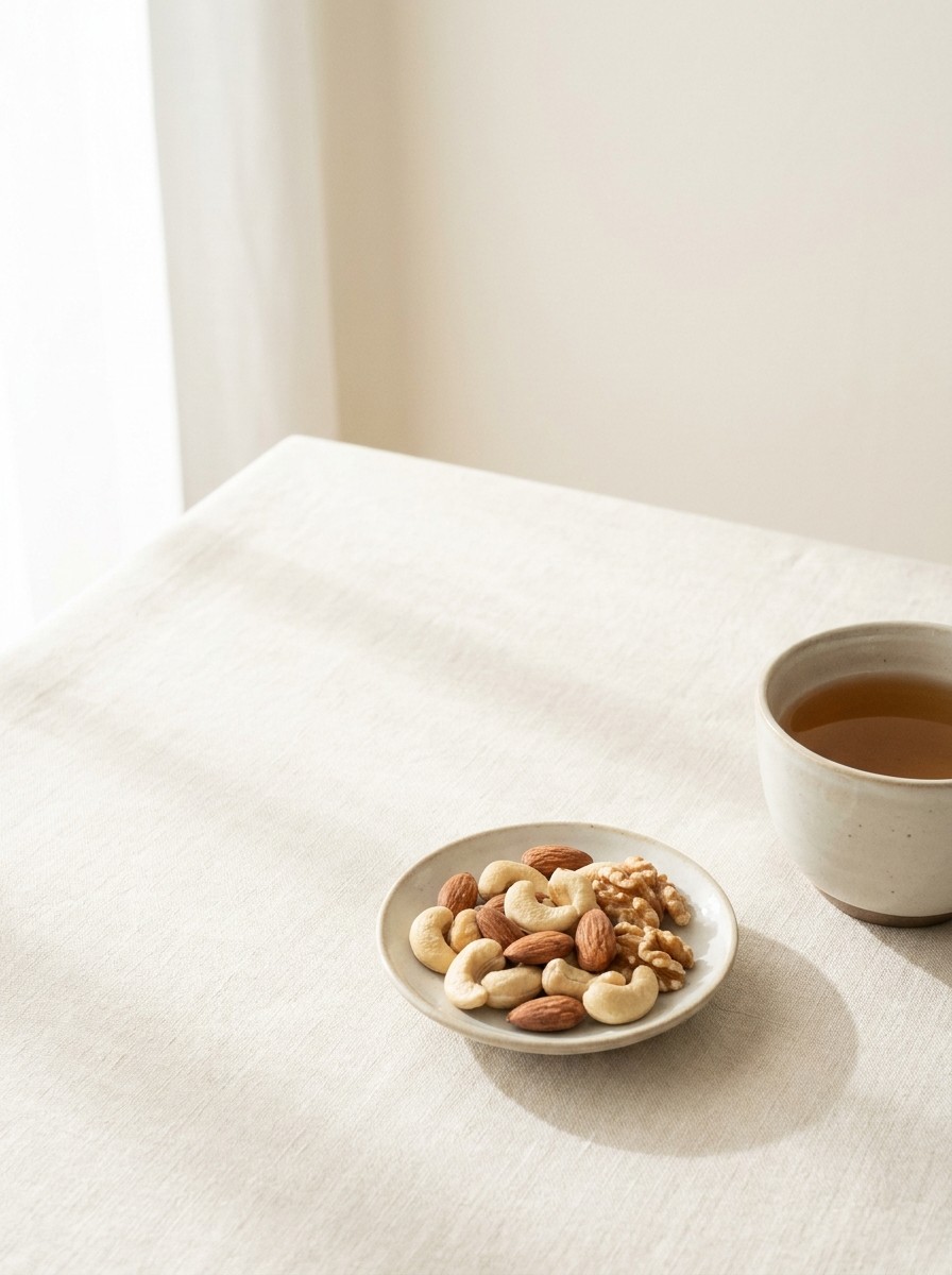 A small dish of mixed nuts and a cup of warm barley tea pushed to the lower-right of cream linen, the upper-left left empty.