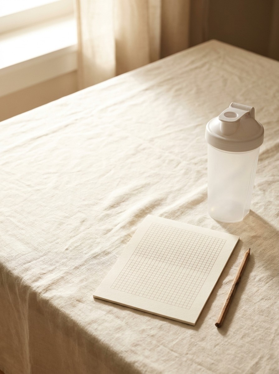 A blank grid notebook page, a wooden pencil and an empty protein shaker at the lower-right of cream linen, with bright empty space at the upper-left.
