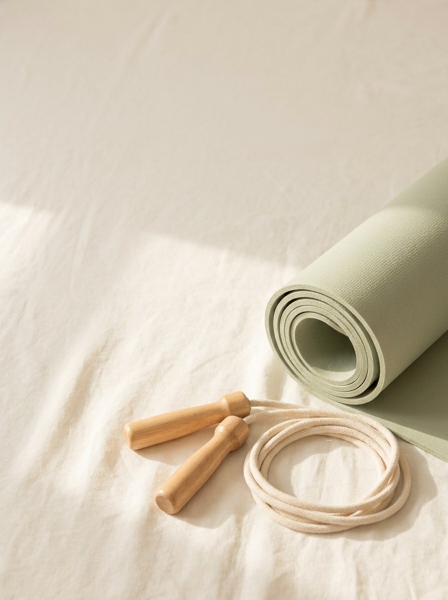 A rolled pale sage exercise mat and a cotton jump rope with wooden handles pushed to the lower-right of cream linen, the upper-left left empty.