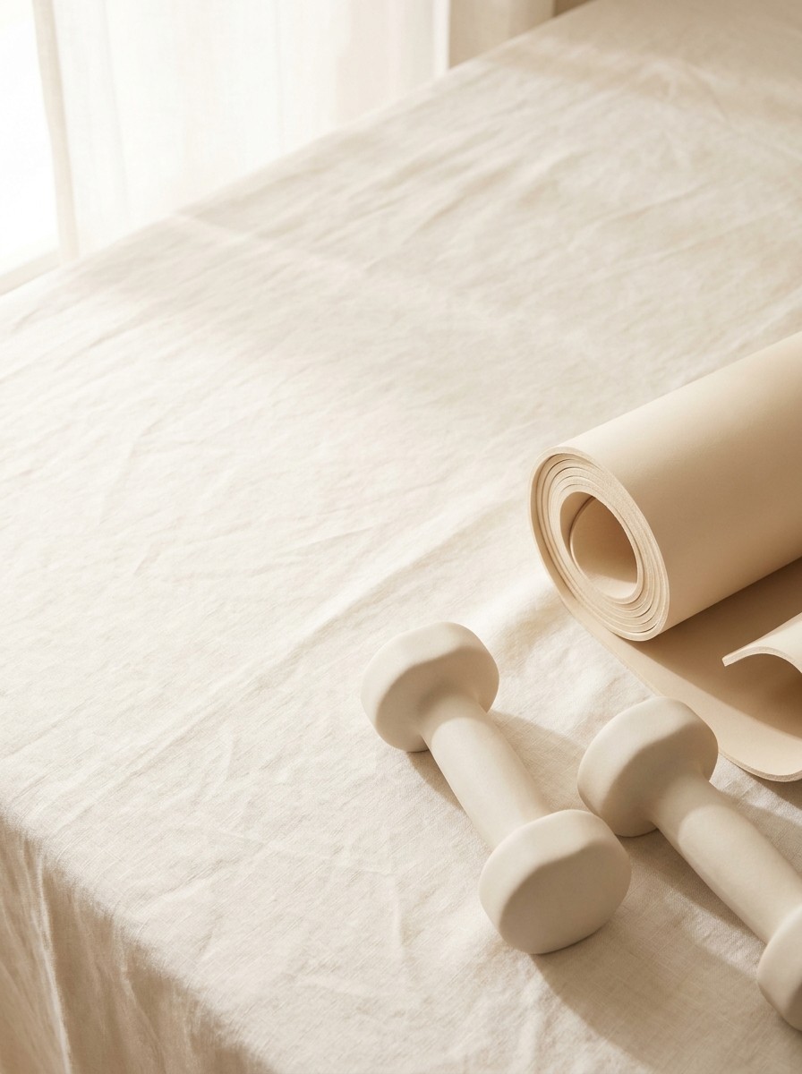 A pair of small plain hand dumbbells and a rolled pale yoga mat pushed to the lower-right of cream linen, the upper-left left empty in soft window light.