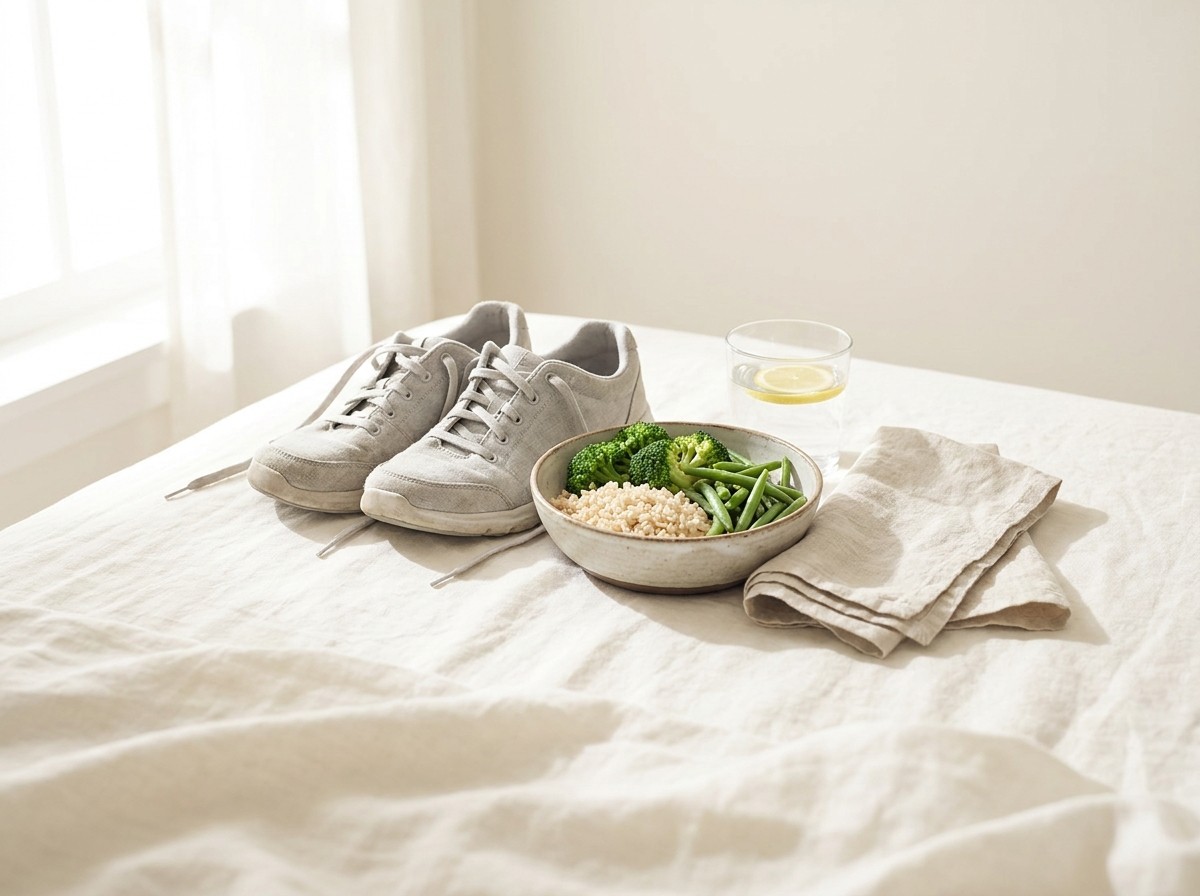 A pair of light gray walking sneakers, a ceramic bowl of brown rice with steamed green vegetables, a glass of water and a folded linen napkin clustered on cream linen in soft window light.
