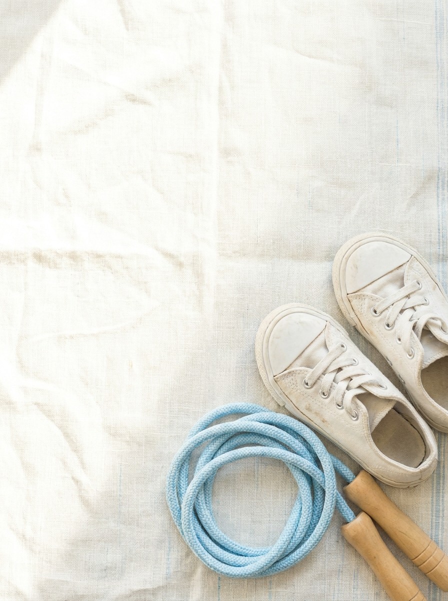 A pair of small white sneakers and a coiled light blue jump rope on cream linen, with open space at upper left.
