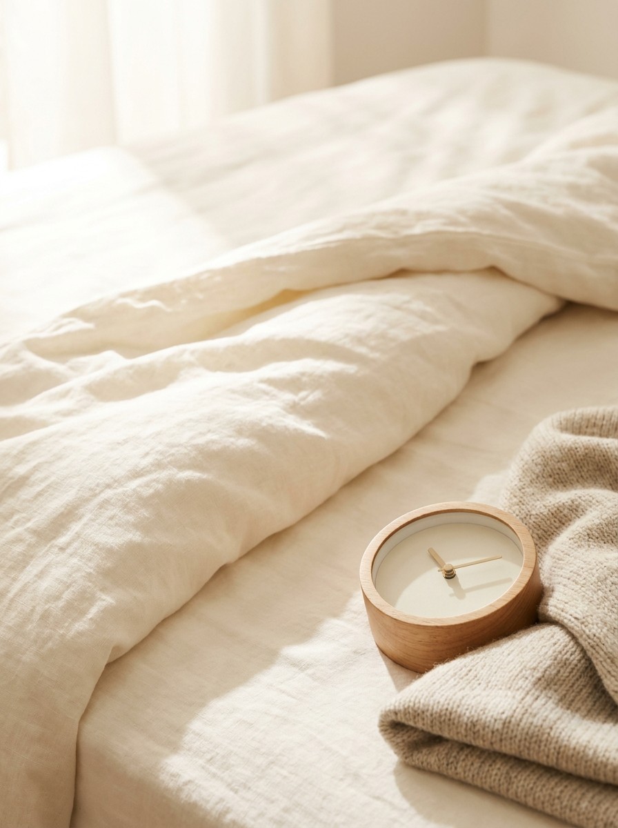A small round wooden alarm clock with a blank face and a folded oatmeal knit blanket at the lower-right of cream linen bedding, with bright empty space at the upper-left.