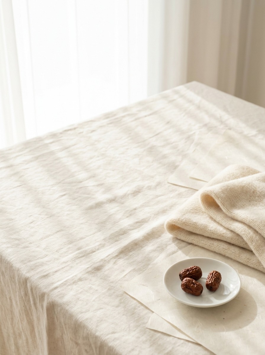 A folded cream knit scarf and a white saucer with dried jujubes pushed to the lower-right of cream linen and hanji, the upper-left left empty in soft window light.