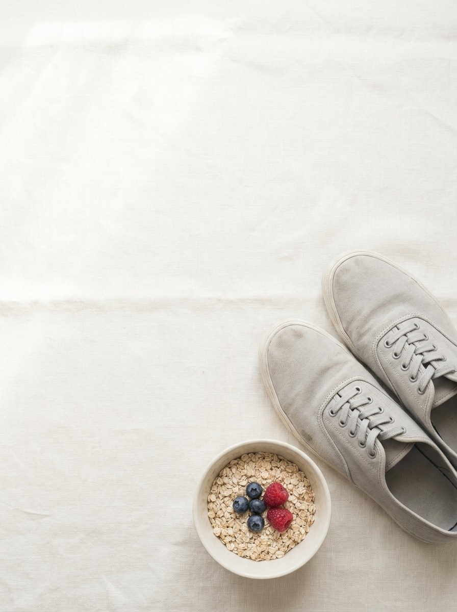 A pair of plain light gray walking sneakers and a small bowl of oatmeal with berries at the lower-right of cream linen, with bright empty space at the upper-left.
