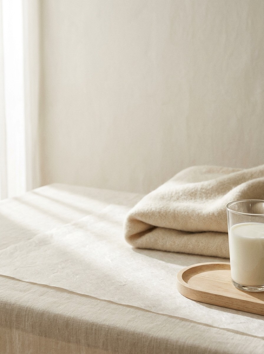 A softly folded cream wool blanket and a glass of milk on a small wooden tray pushed to the lower-right of hanji paper over cream linen, the upper-left left empty.