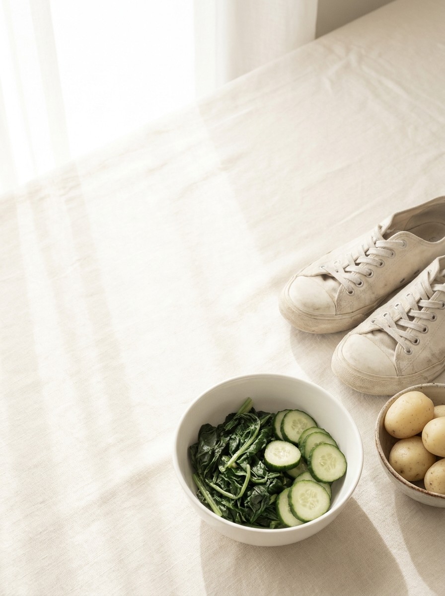 A white bowl of steamed greens and sliced cucumber, a small bowl of boiled potatoes and a pair of canvas sneakers at the lower-right of cream linen, with bright empty space at the upper-left.
