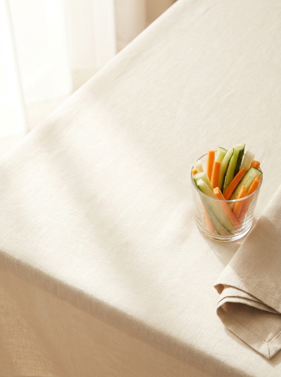 A short glass of cucumber and carrot sticks and a folded linen napkin at the lower-right of cream linen, the upper-left left empty.