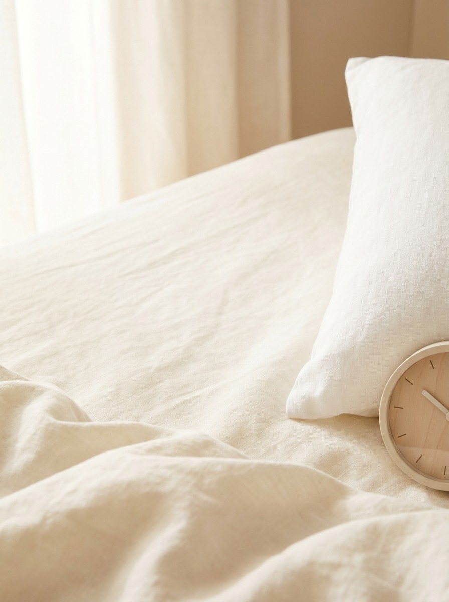 The corner of a white linen pillow and a small blank-faced alarm clock at the lower-right of cream linen bedding, with bright empty space at the upper-left.
