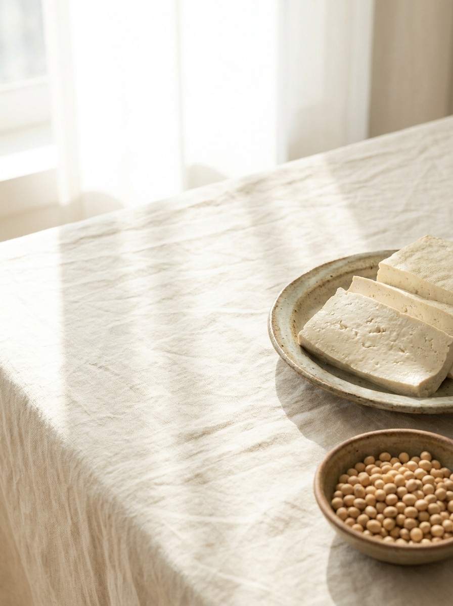 A plate of tofu slices and a small bowl of dried soybeans pushed to the lower-right of cream linen, the upper-left left empty in soft window light.