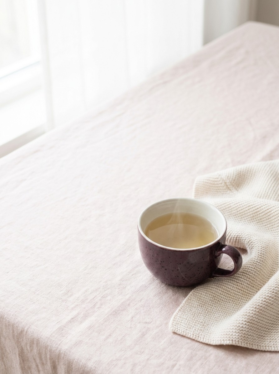 A plum cup of warm pale tea and a folded cream knit baby blanket on blush linen, with open space at upper left.
