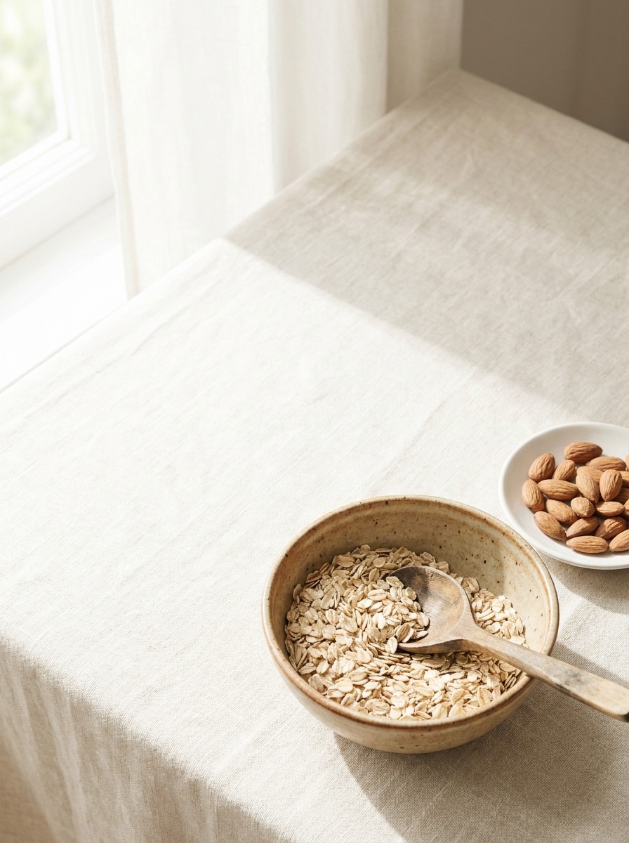 A ceramic bowl of rolled oats with a wooden spoon and a small dish of almonds pushed to the lower-right of cream linen, the upper-left left empty.