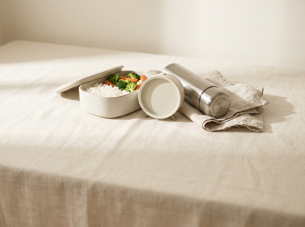 An open lunchbox with rice and vegetables, a small alarm clock with a blank face, a stainless thermos and a linen napkin on cream linen in early-morning light.