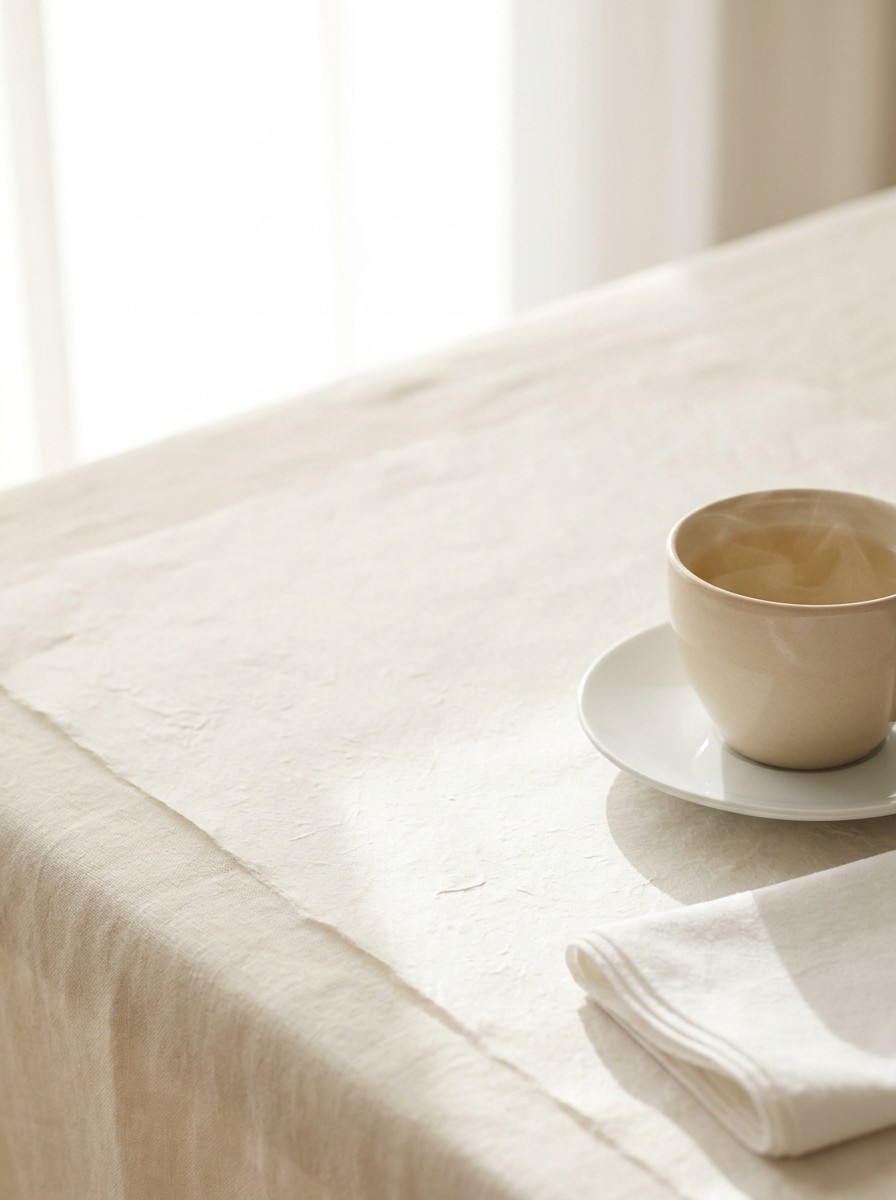 A warm cup of pale tea on a white porcelain saucer and a folded white cotton handkerchief pushed to the lower-right of hanji paper over cream linen, the upper-left left empty.