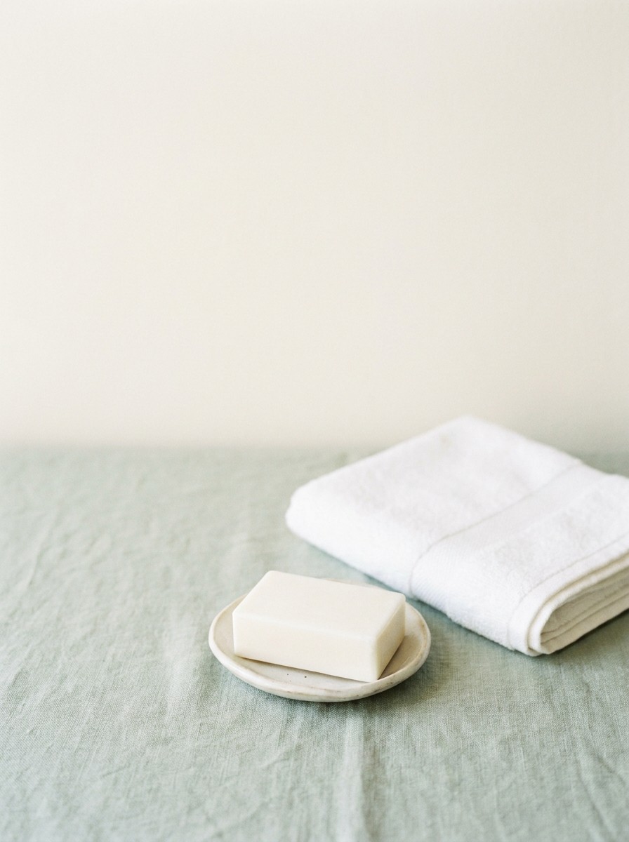 A folded white cotton towel and a plain white bar of soap on a ceramic dish on sage linen, with open space at upper left.