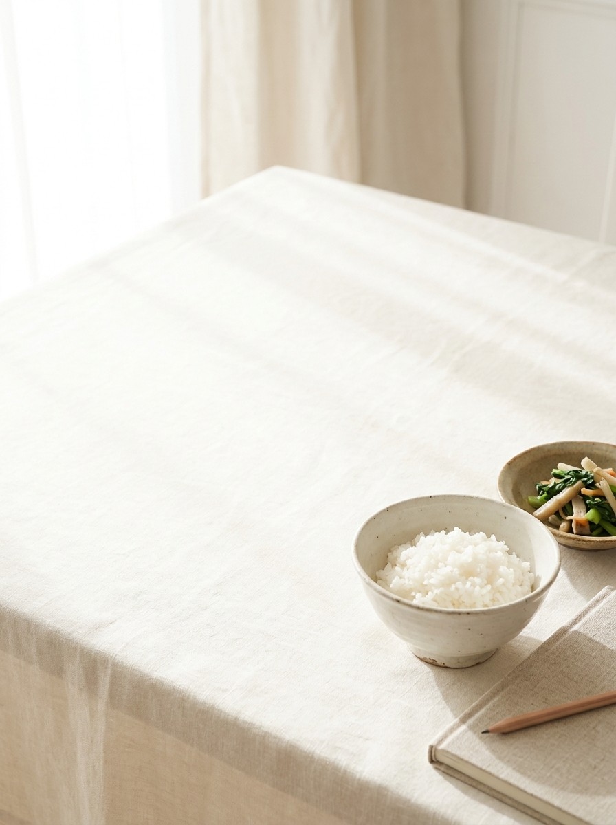 A ceramic bowl of rice, a small side dish of vegetables and a closed linen notebook with a pencil pushed to the lower-right of cream linen, the upper-left left empty.