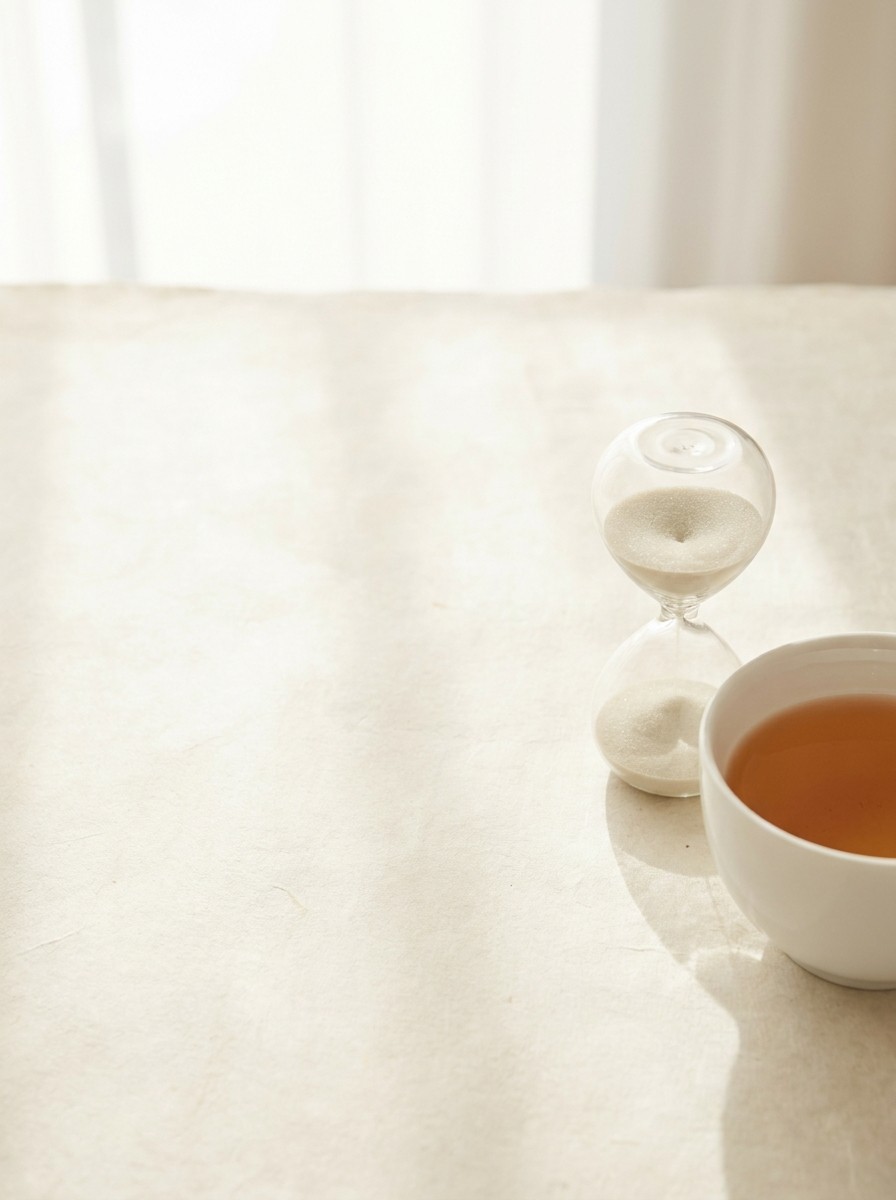 A small glass hourglass and a porcelain teacup of warm tea pushed to the lower-right of cream hanji paper, the upper-left left empty.